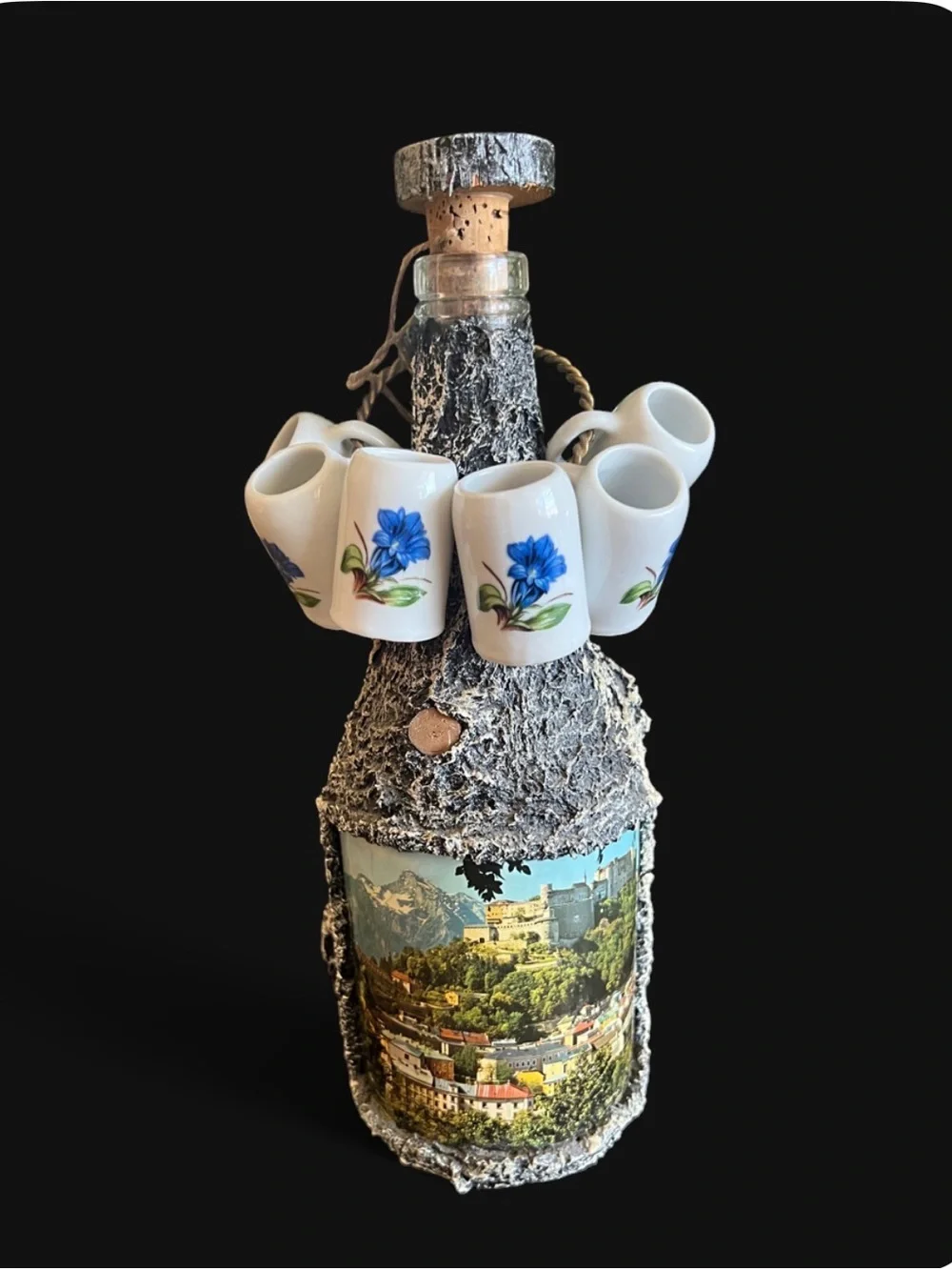 Faux  Bark Covered Wine Bottle Souvenir of Salzburg Austria Plus 6 Mini Mugs